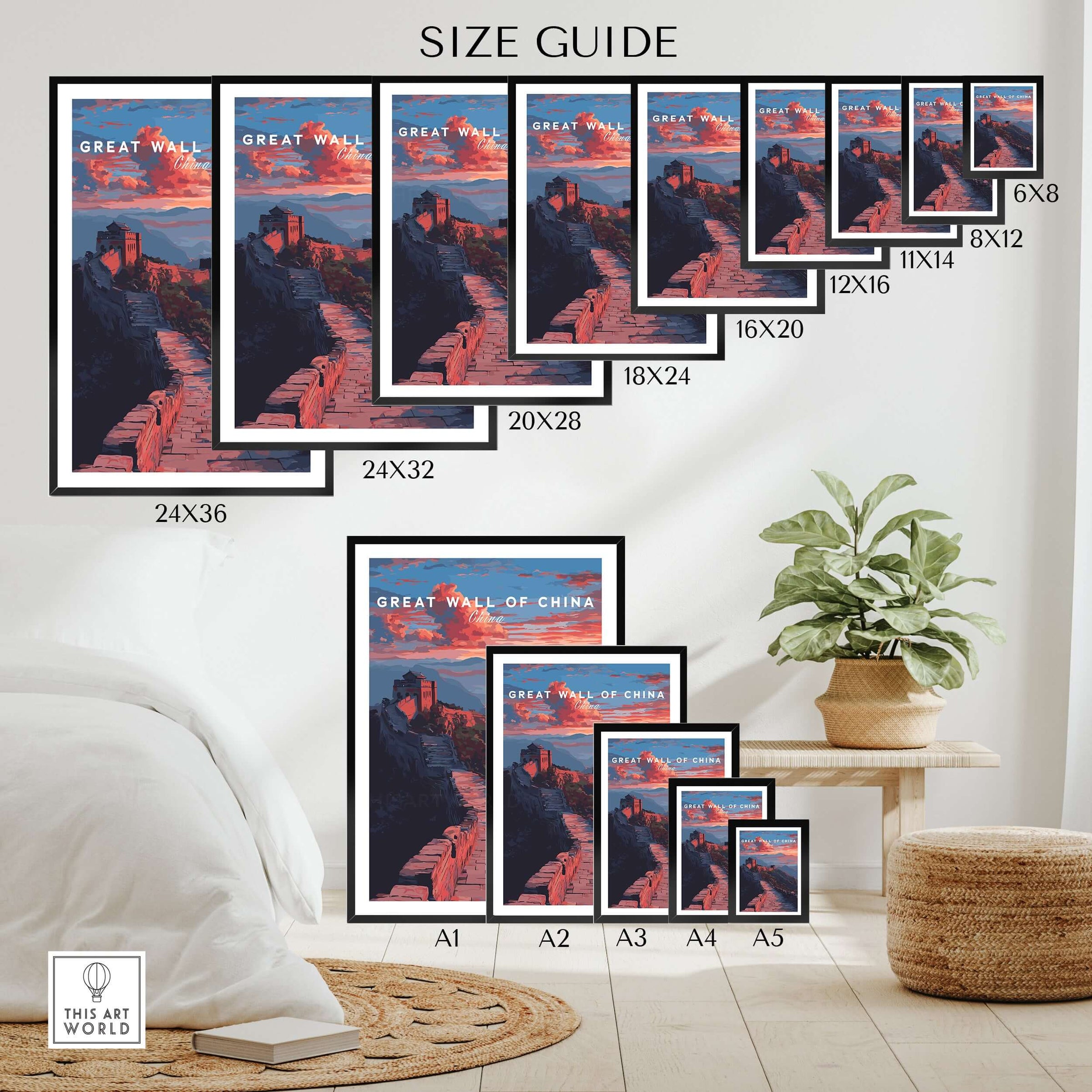Great Wall of China Sunset Travel Poster - Vibrant Mountain Landscape Print size guide with various frame dimensions.