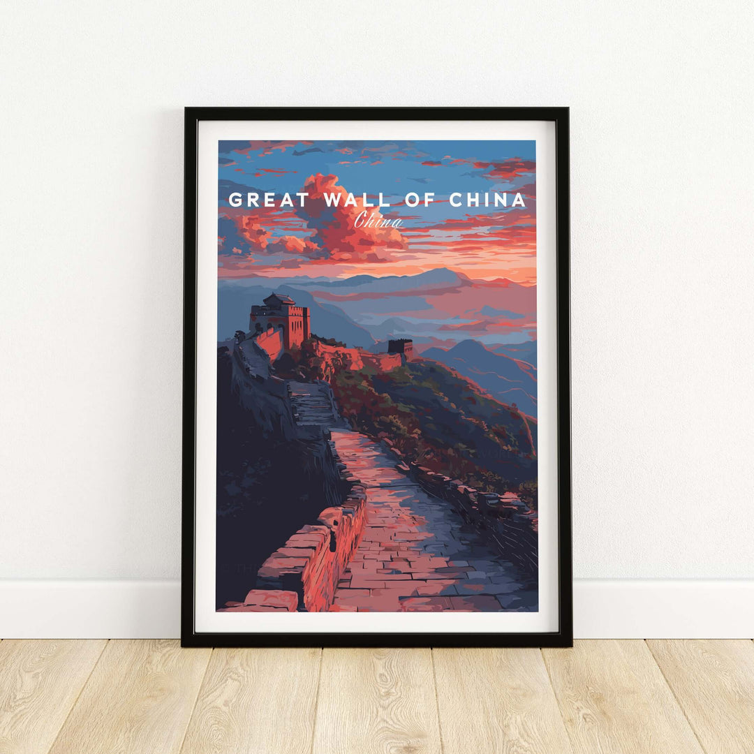 Great Wall of China sunset travel poster showcasing vibrant landscape and majestic mountains in rich hues.