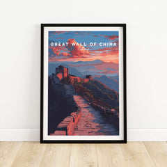 Great Wall of China Sunset Travel Poster - Vibrant Mountain Landscape Print