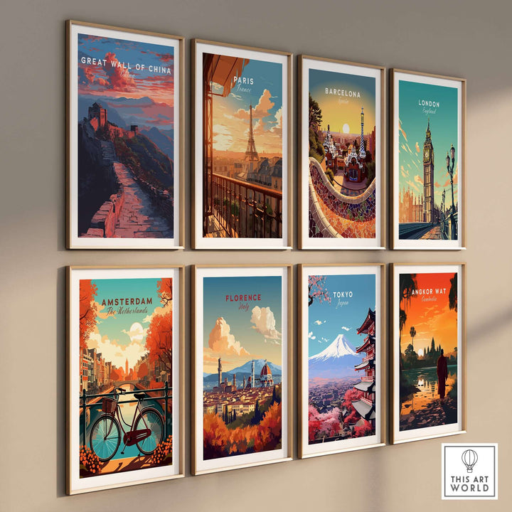 Collection of travel posters featuring the Great Wall of China, Paris, Barcelona, London, and more, showcasing vibrant landscapes.