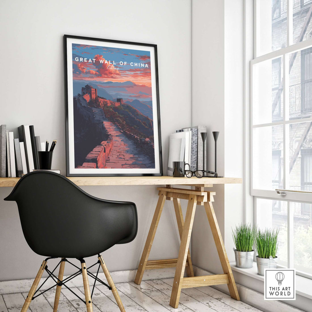 Great Wall of China sunset travel poster displayed in a modern workspace, showcasing vibrant mountain landscape.