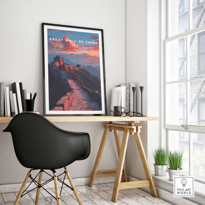 Great Wall of China sunset travel poster displayed in a modern workspace, showcasing vibrant mountain landscape.