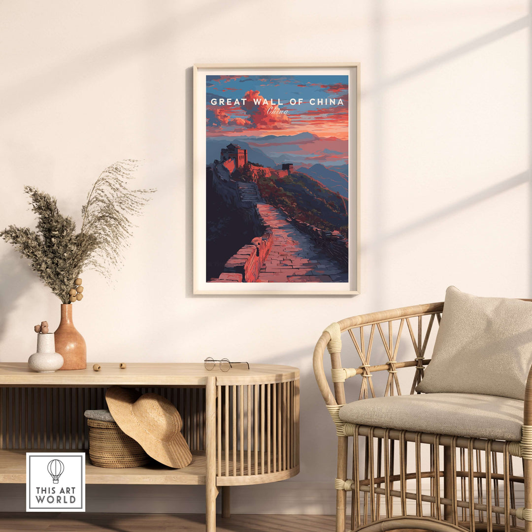 Great Wall of China sunset travel poster in a stylish interior, showcasing vibrant mountain landscape art.