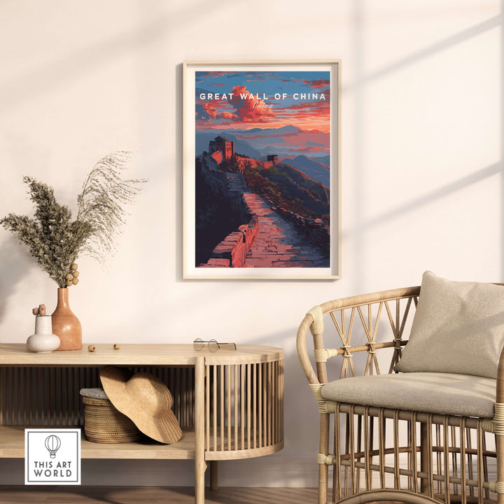 Great Wall of China sunset travel poster in a stylish interior, showcasing vibrant mountain landscape art.