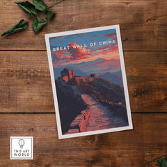 Great Wall of China Sunset Travel Poster - Vibrant Mountain Landscape Print on wooden background.