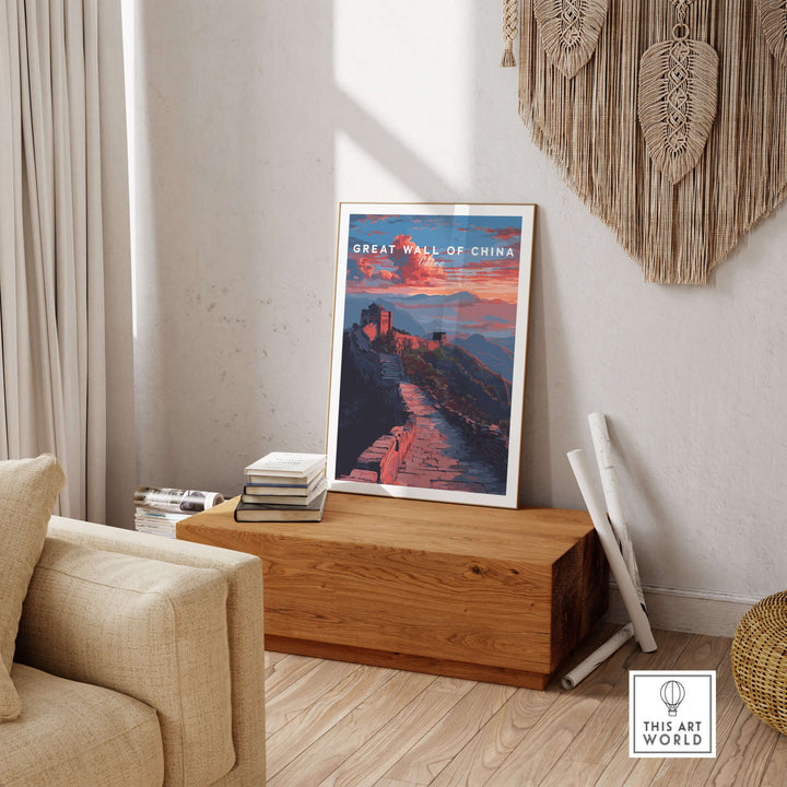 Great Wall of China sunset travel poster displayed in a modern living room, showcasing vibrant mountain landscape.