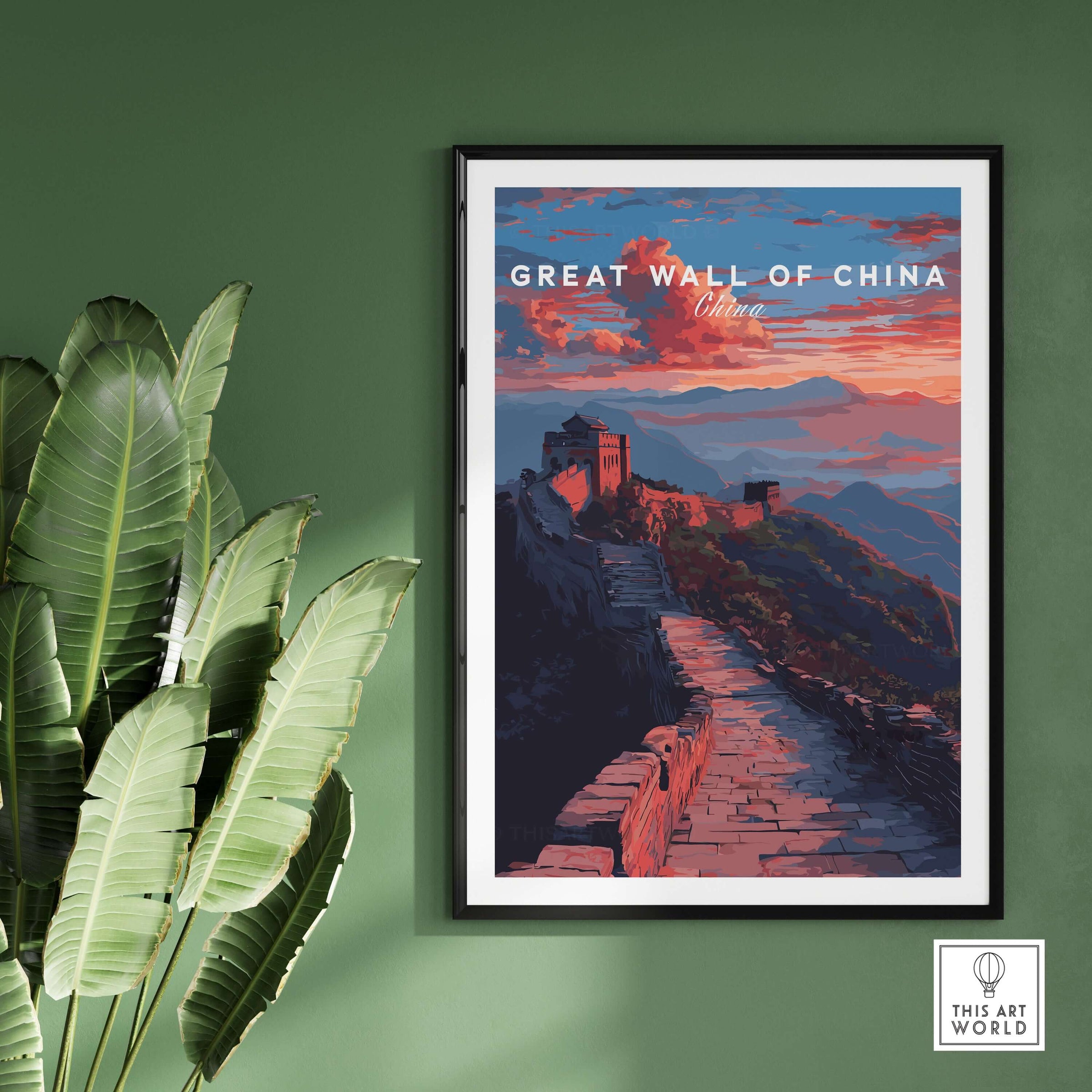 Great Wall of China Sunset Travel Poster - Vibrant Mountain Landscape Print on a wall surrounded by green decor.