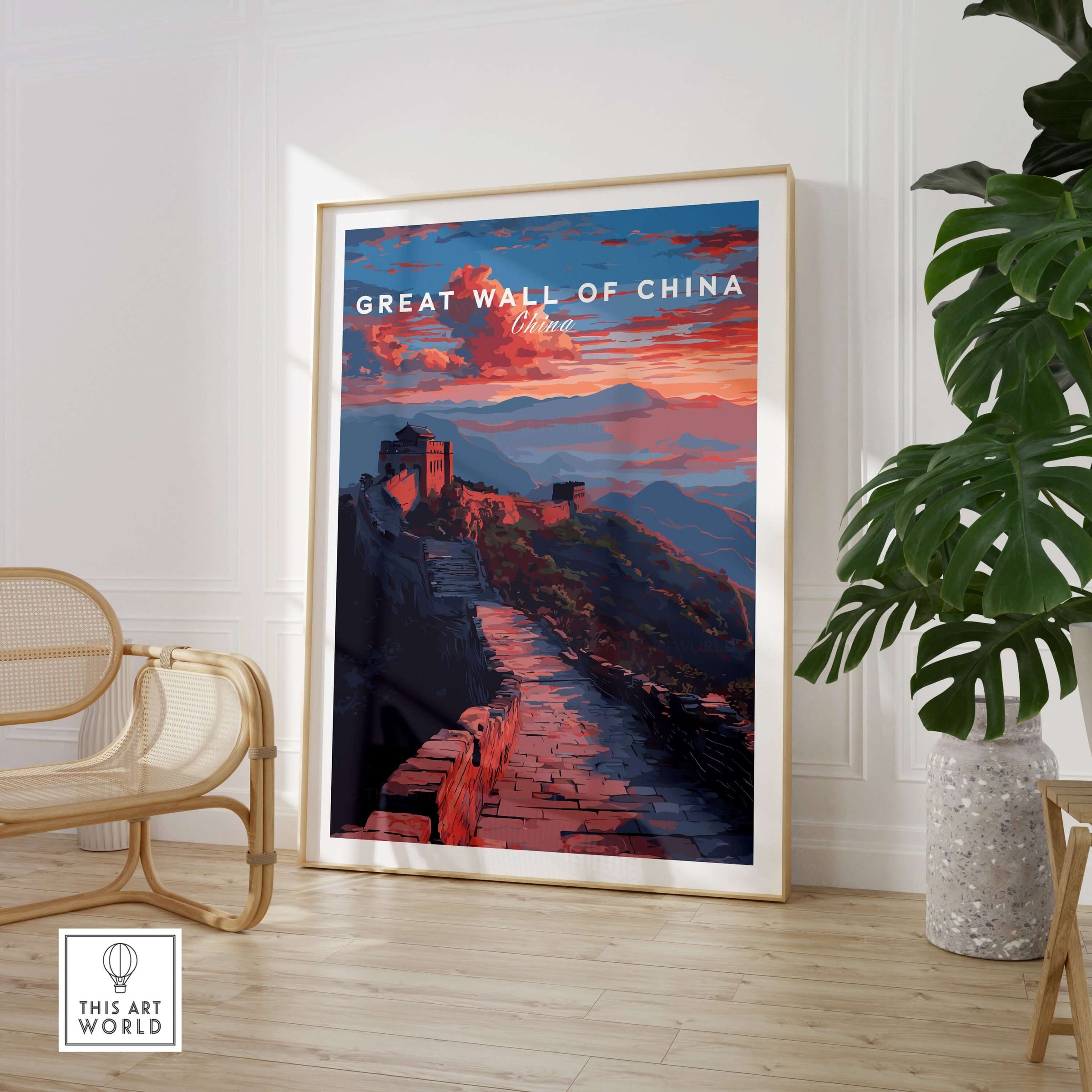 Great Wall of China Sunset Travel Poster - Vibrant Mountain Landscape Print displayed in a chic interior setting.