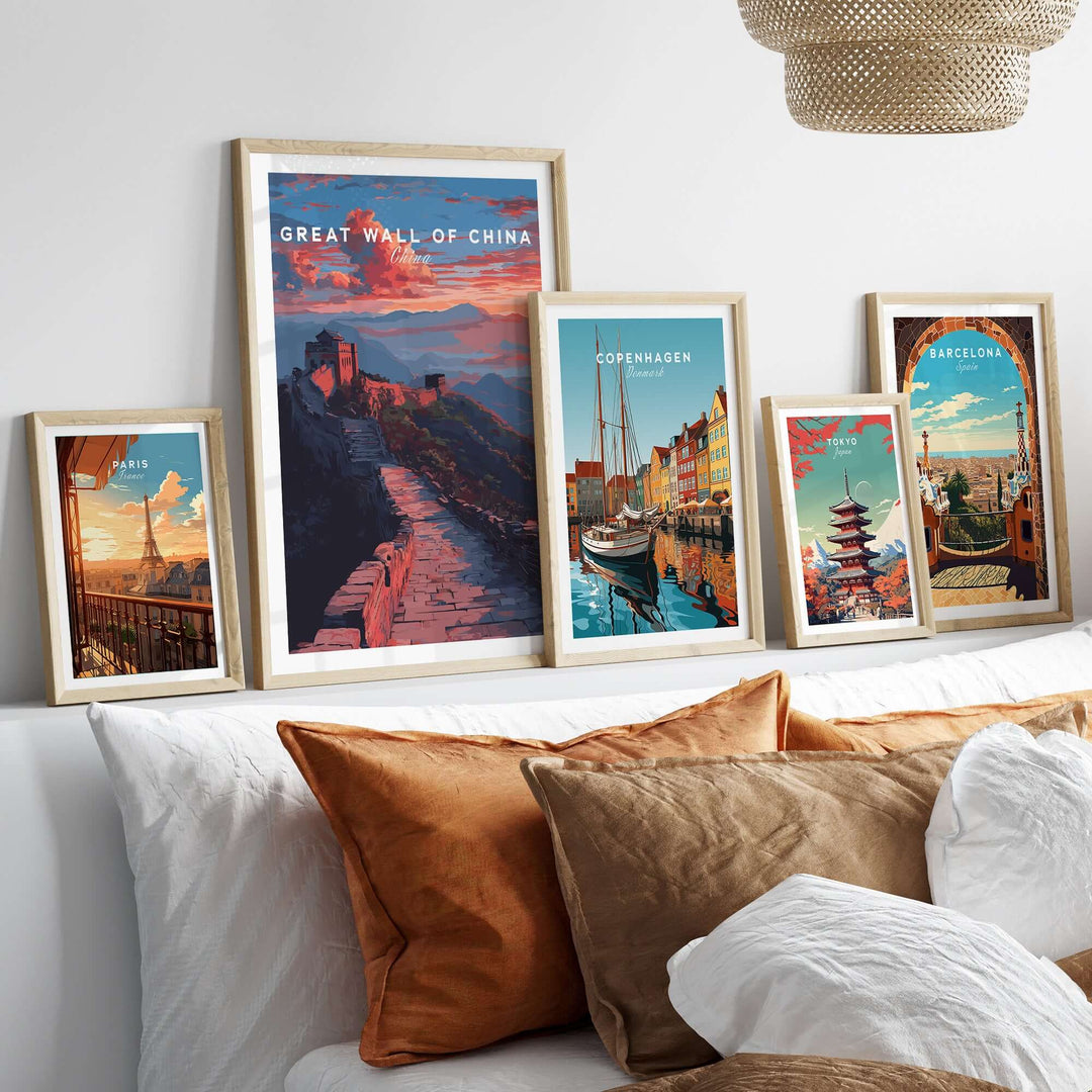 Great Wall of China sunset travel poster and framed prints showcasing vibrant landscapes on a cozy bedroom wall.