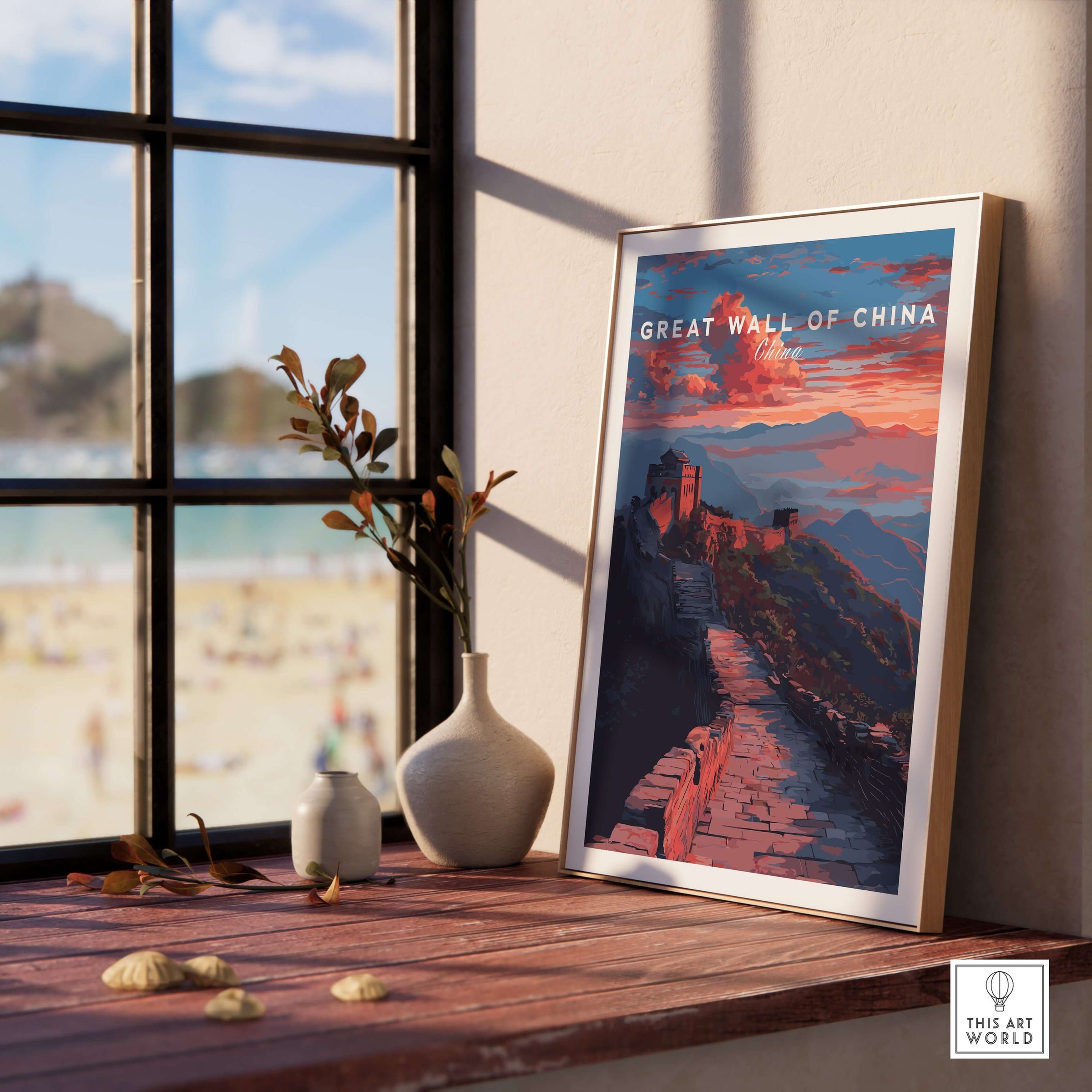 Great Wall of China Sunset Travel Poster - Vibrant Mountain Landscape Print displayed on a sunny windowsill.