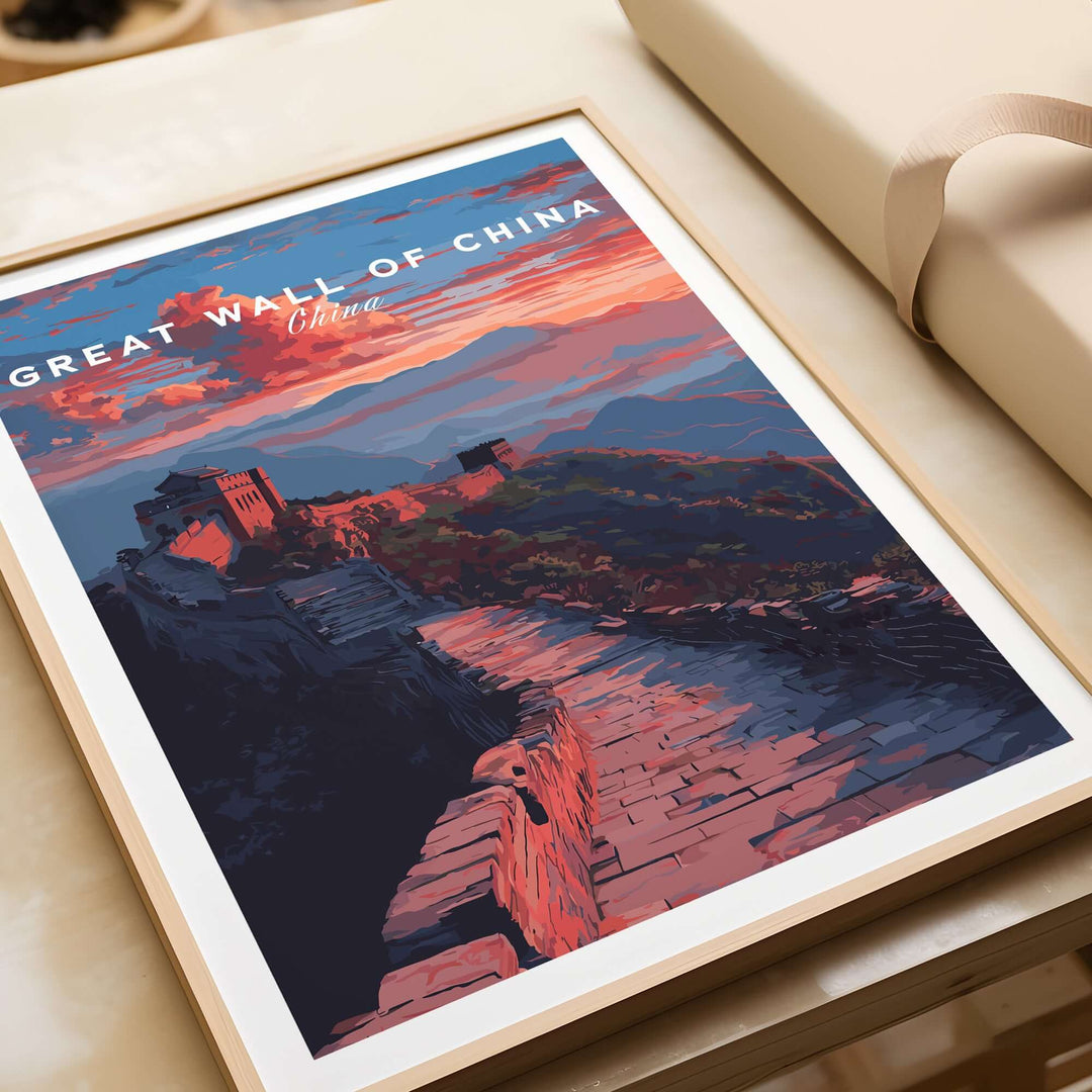 Great Wall of China sunset travel poster featuring vibrant mountain landscape and artistic design.