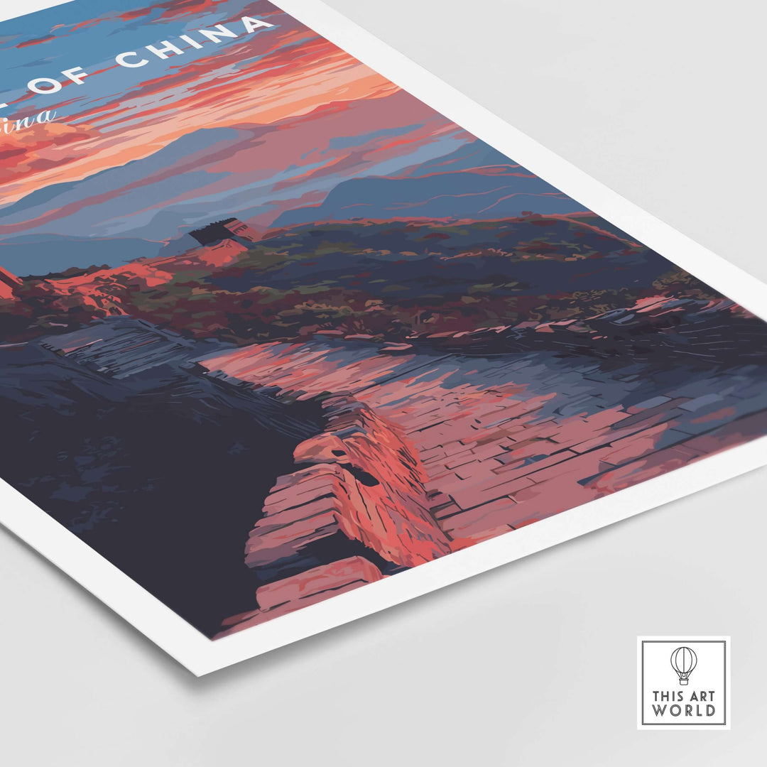 Great Wall of China sunset travel poster featuring vibrant mountain landscape and dramatic colors.