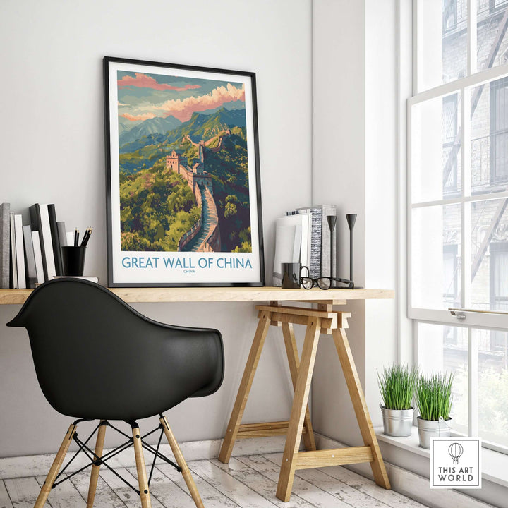 Great Wall of China travel poster print displayed in modern office decor, showcasing panoramic views and Asian architecture.