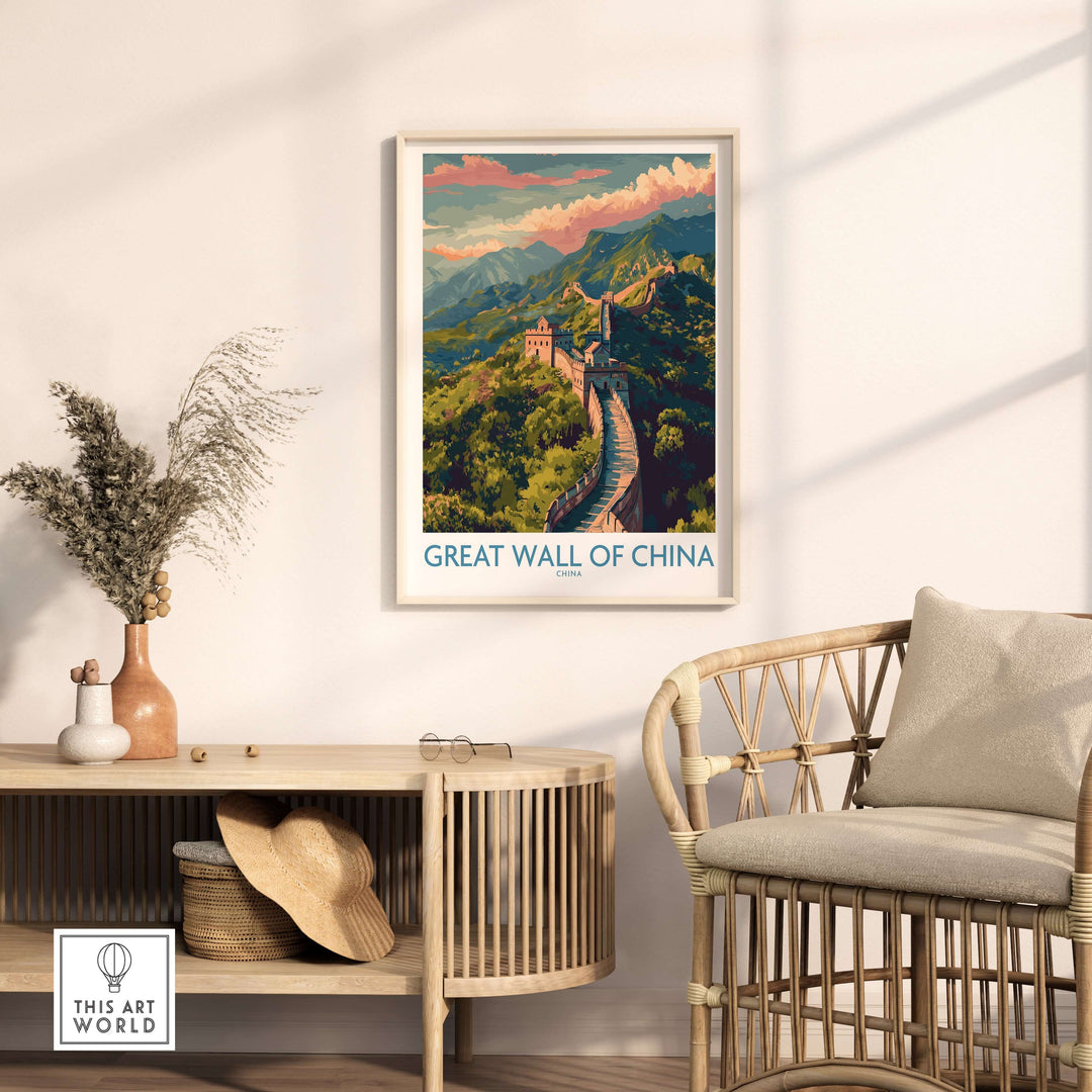 Great Wall of China travel poster print displayed in a cozy living room setting, showcasing architectural beauty.