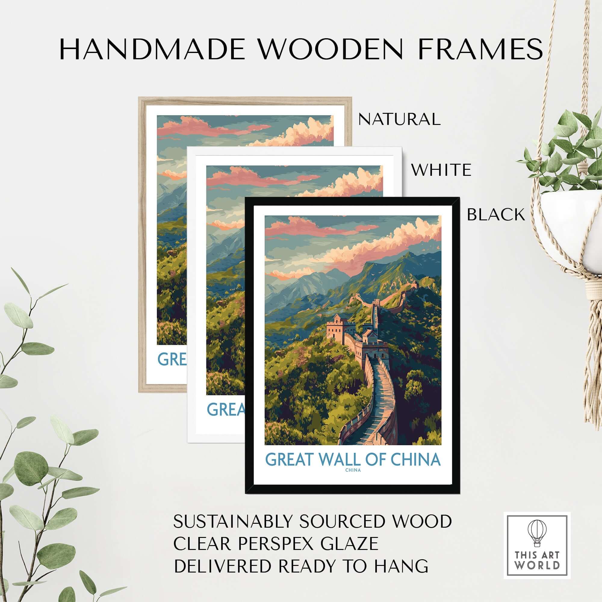 Great Wall of China Travel Poster Print in handmade wooden frames featuring natural, white, and black options.