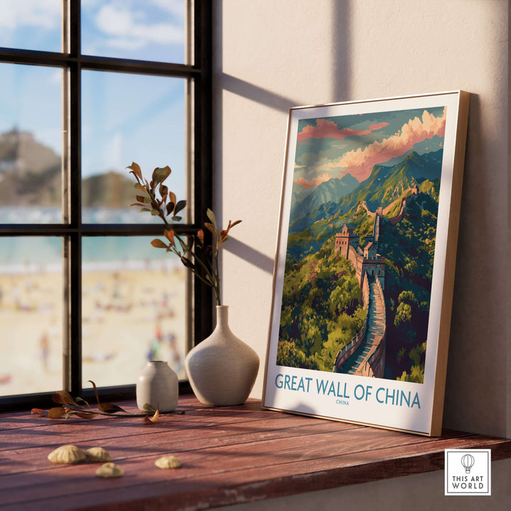 Panoramic travel poster print of the Great Wall of China, showcasing its grandeur and beauty in a stylish indoor setting.