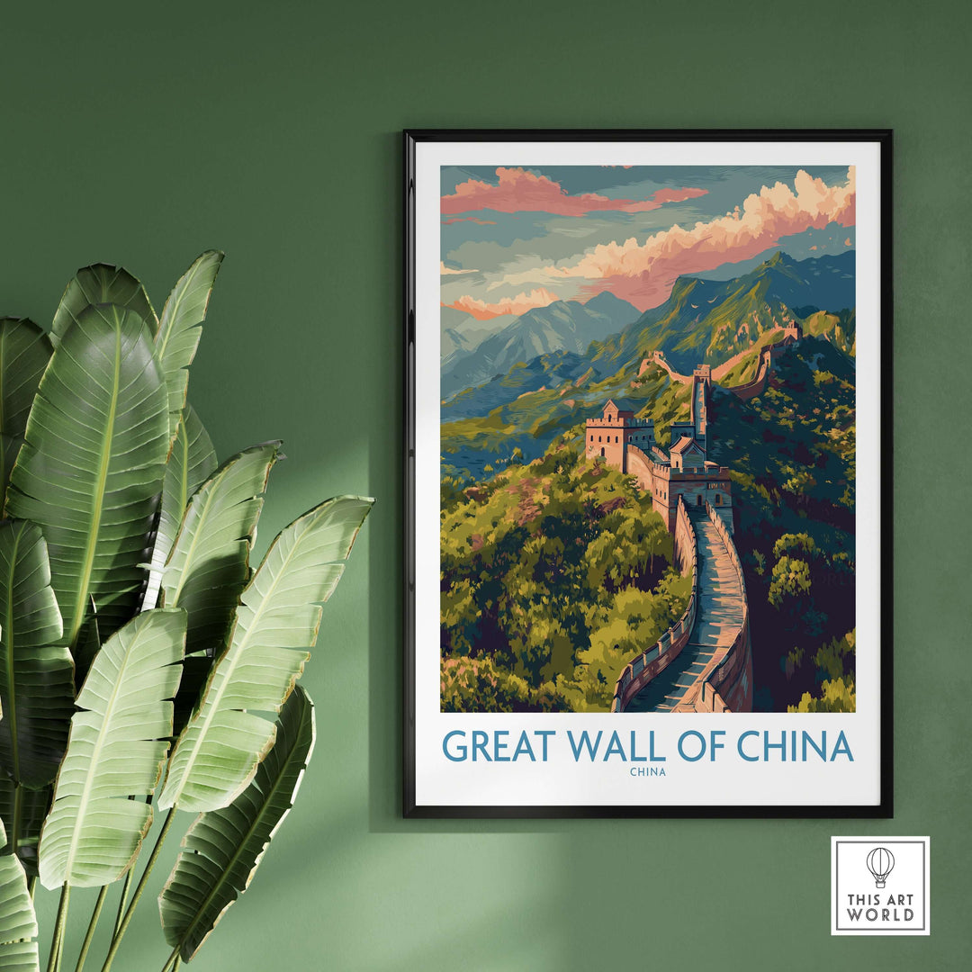 Great Wall of China travel poster print featuring picturesque mountain backdrop and lush greenery.