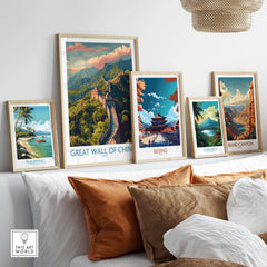 Great Wall of China Travel Poster Print displayed among travel-themed wall art prints on a cozy living room shelf.
