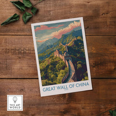 Great Wall of China Travel Poster Print showcasing the iconic monument amidst lush mountains and skies.