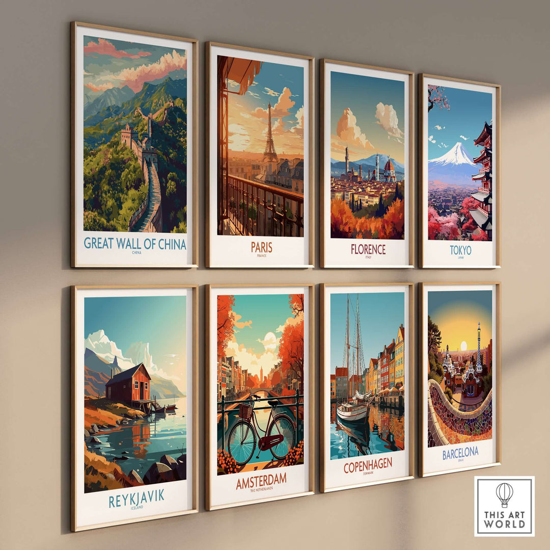 Panoramic travel poster prints featuring iconic landmarks like the Great Wall of China, Paris, and Tokyo.