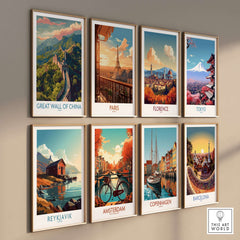 Great Wall of China Travel Poster Print featuring stunning panoramic artwork with iconic landmarks.