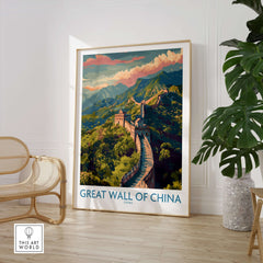 Great Wall of China Travel Poster Print showcasing the panoramic view over mountainous landscapes.