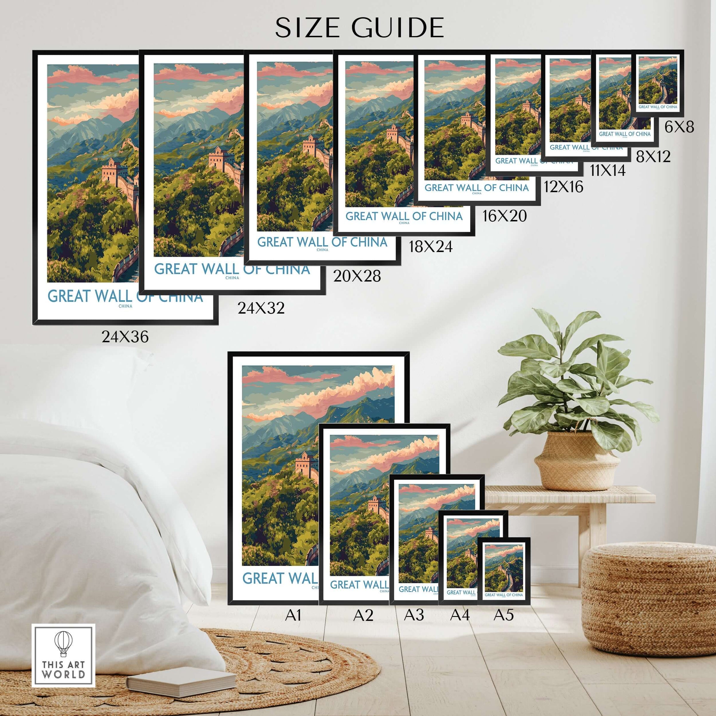 Great Wall of China Travel Poster Print Size Guide showcasing various frame sizes and designs.