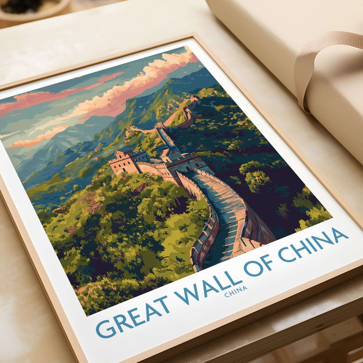 Great Wall of China panoramic art print, showcasing lush mountains and historic architecture, ideal for Asian decor.