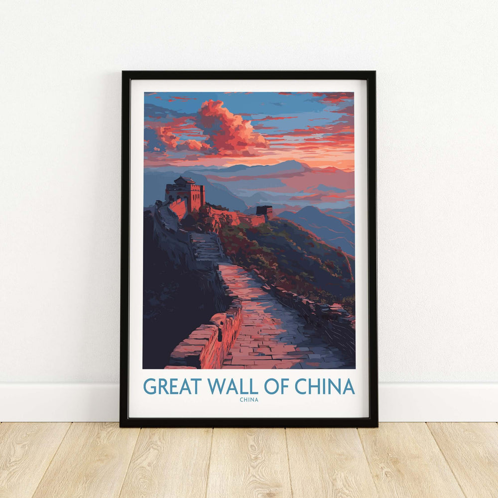 Great Wall of China twilight scene print with vibrant sunset and misty mountains in a framed wall decor.