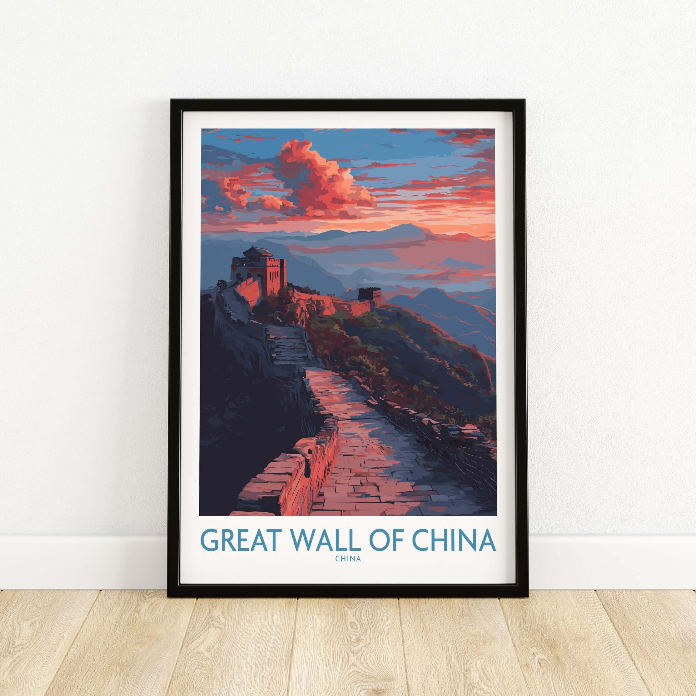 Great Wall of China Twilight Scene Print - Dramatic Sunset Wall Decor featuring a vibrant sunset over the Great Wall.