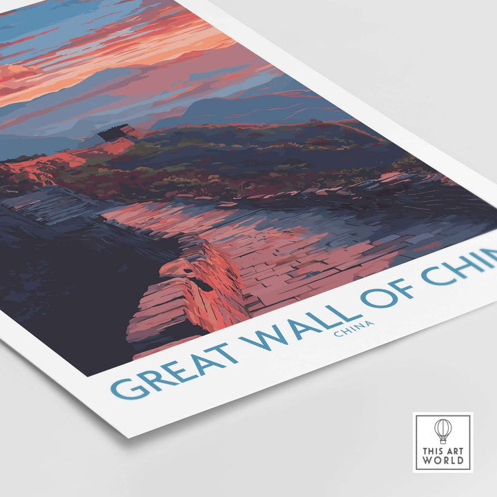 Great Wall of China wall art print featuring a dramatic sunset over misty mountains.