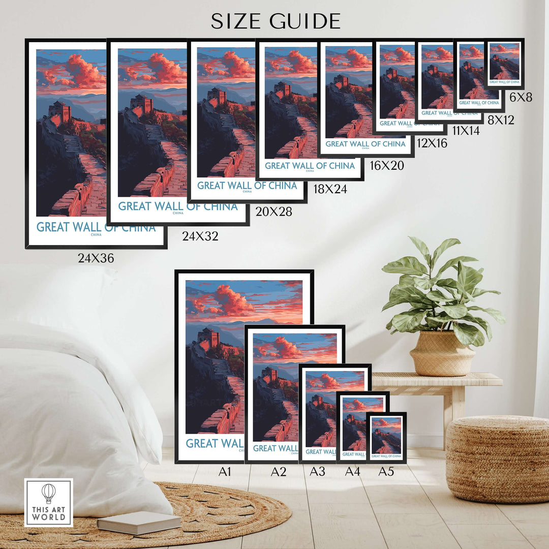 Size guide for Great Wall of China twilight scene print, showcasing various frame sizes for home decor.