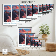 Great Wall of China Twilight Scene Print - Dramatic Sunset Wall Decor size guide with framed print options.