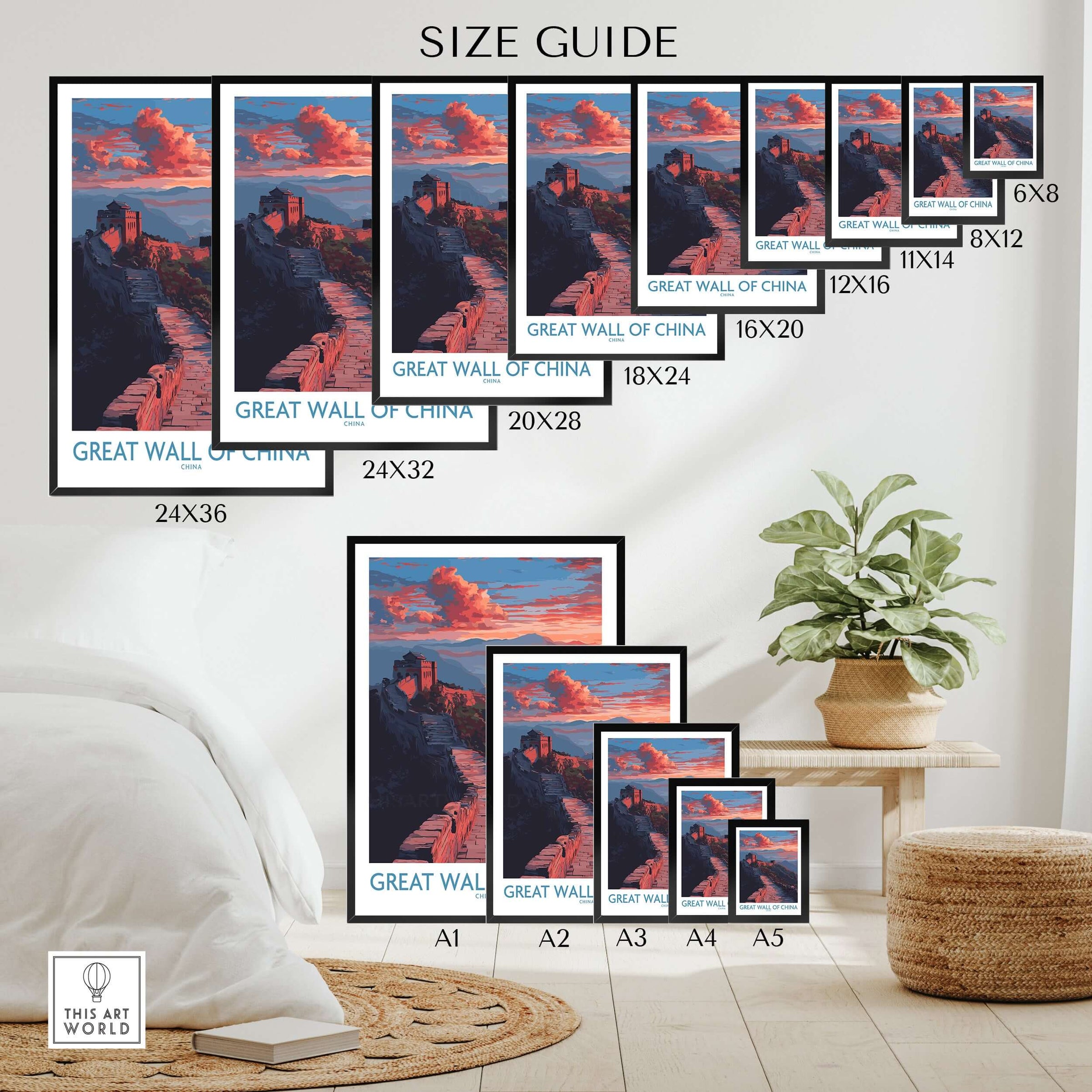 Great Wall of China Twilight Scene Print - Dramatic Sunset Wall Decor size guide with framed print options.