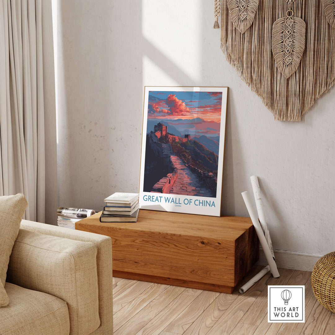 Great Wall of China twilight scene print showcasing dramatic sunset in cozy living room decor.