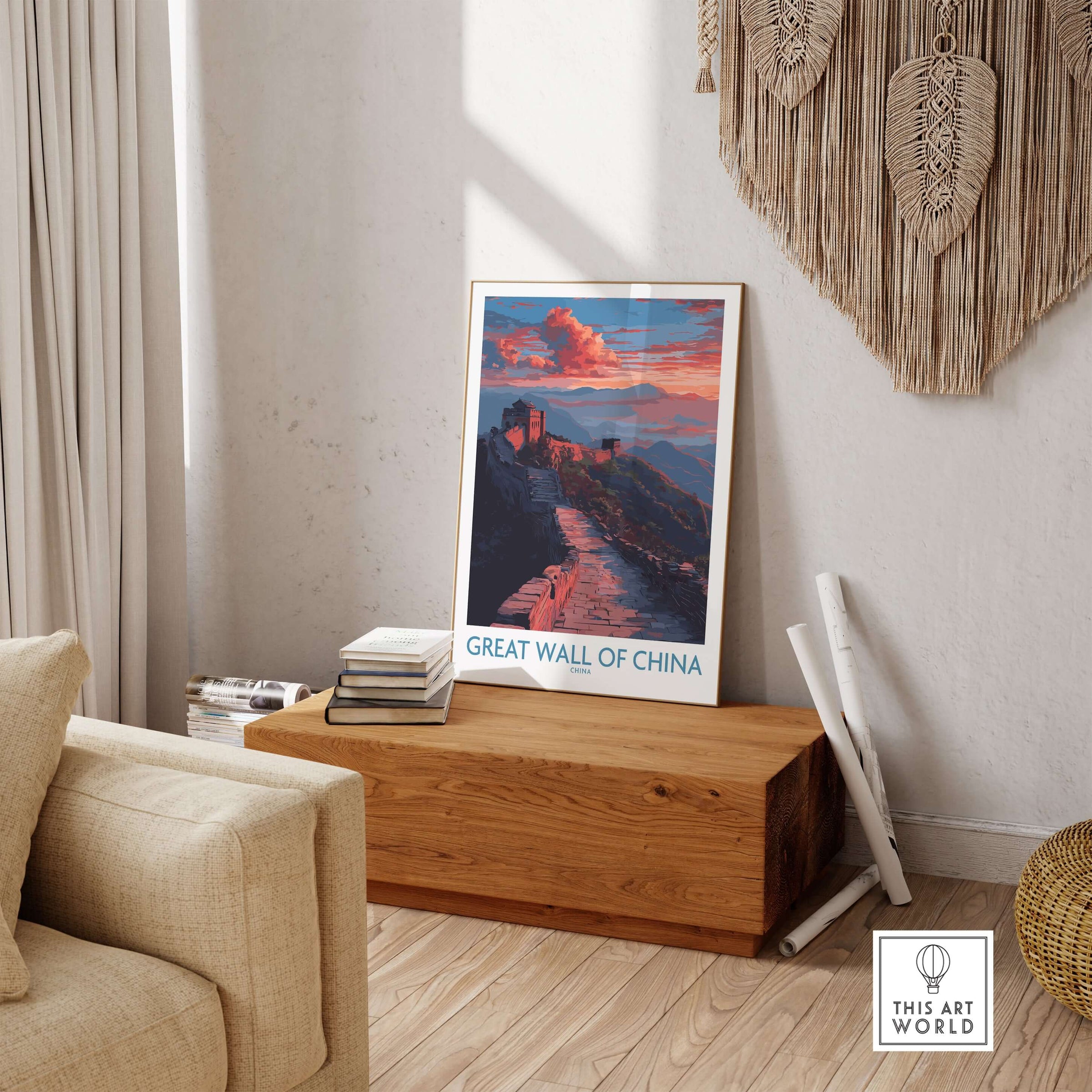 Great Wall of China Twilight Scene Print - Dramatic Sunset Wall Decor displayed in a cozy living room setting.