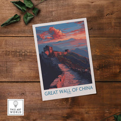 Great Wall of China Twilight Scene Print - Dramatic Sunset Wall Decor on a rustic wooden background.