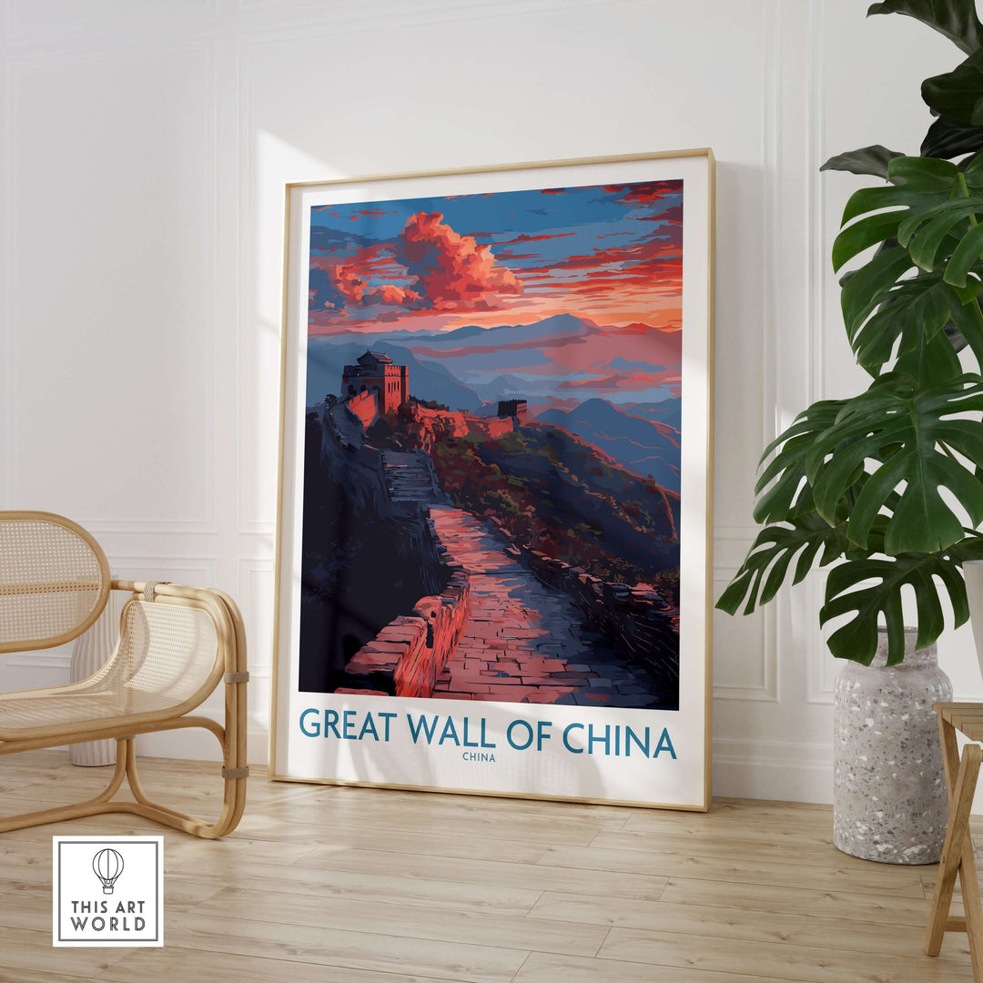 Great Wall of China print featuring a dramatic sunset scene, perfect for wall decor that captivates history lovers.