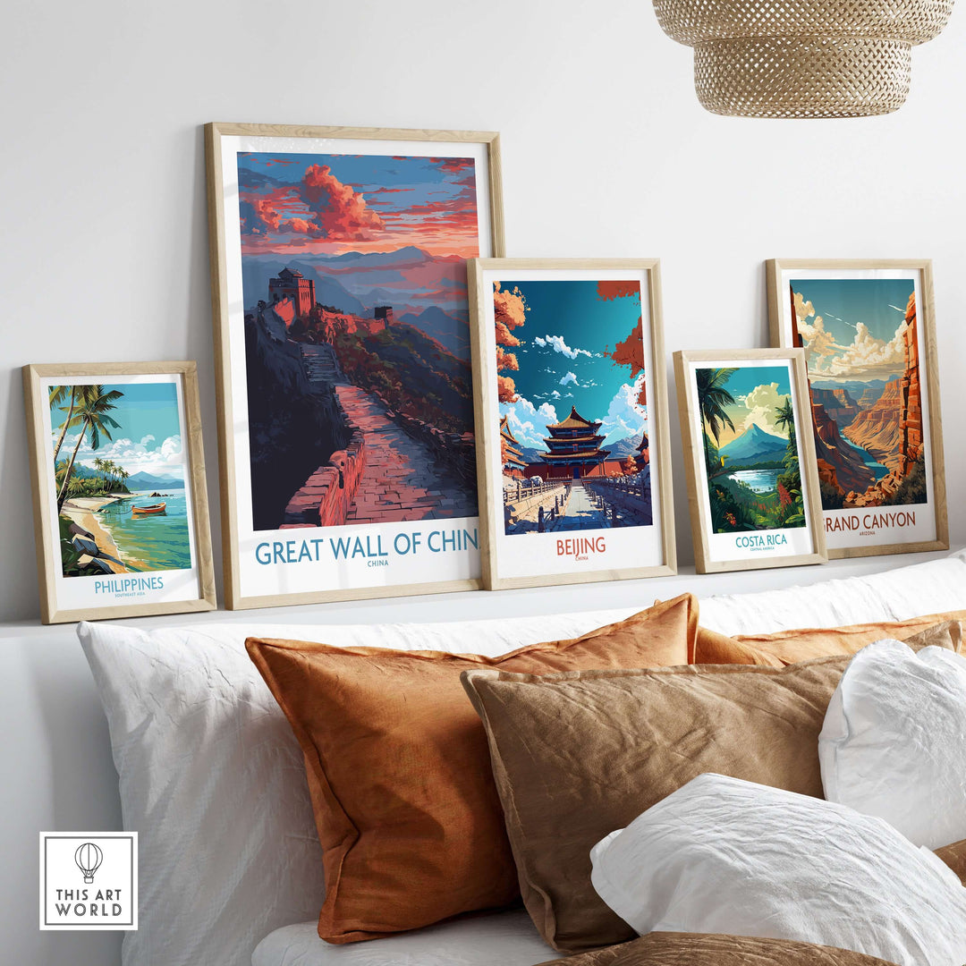 Display of travel-themed prints including the Great Wall of China, showcasing vibrant landscapes and cityscapes.