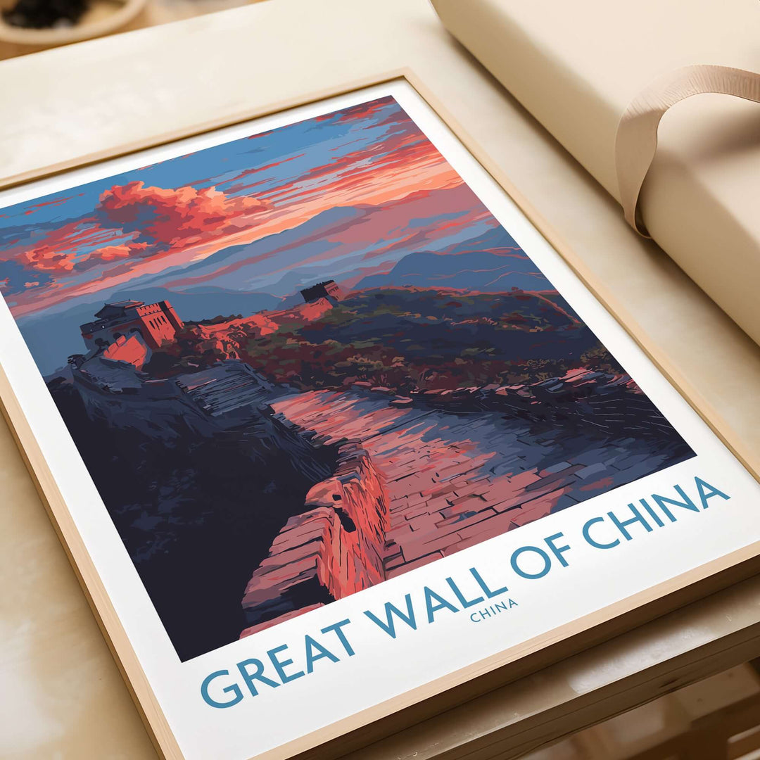 Great Wall of China twilight scene print showcasing dramatic sunset and misty mountains, perfect for wall decor.