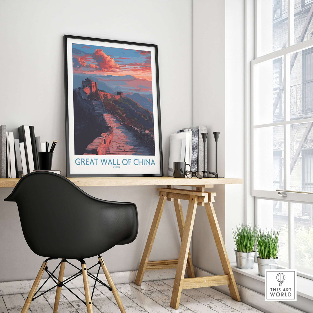 Great Wall of China twilight scene print showcasing dramatic sunset wall decor in a stylish interior.