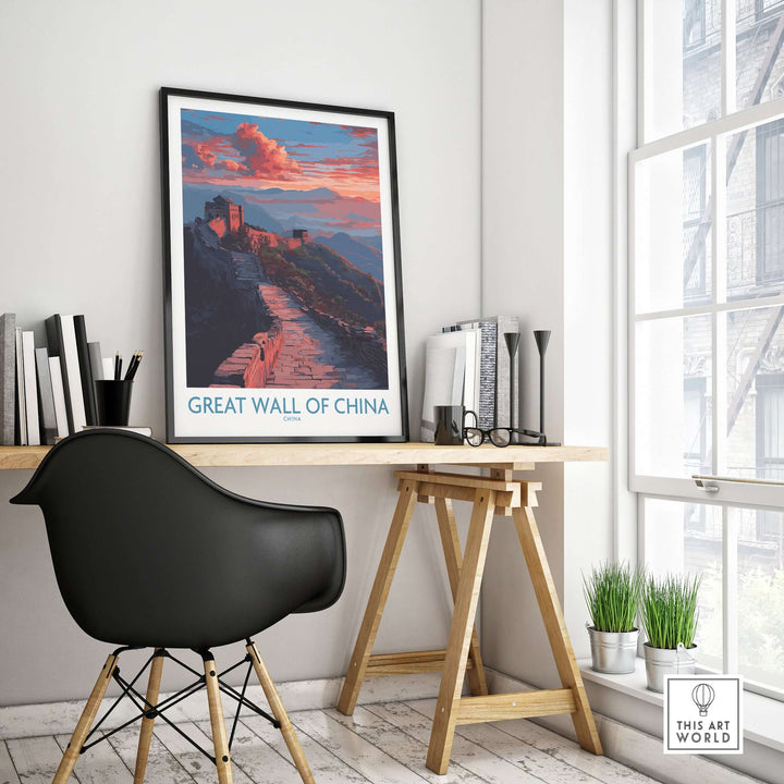 Great Wall of China twilight scene print showcasing dramatic sunset wall decor in a stylish interior.