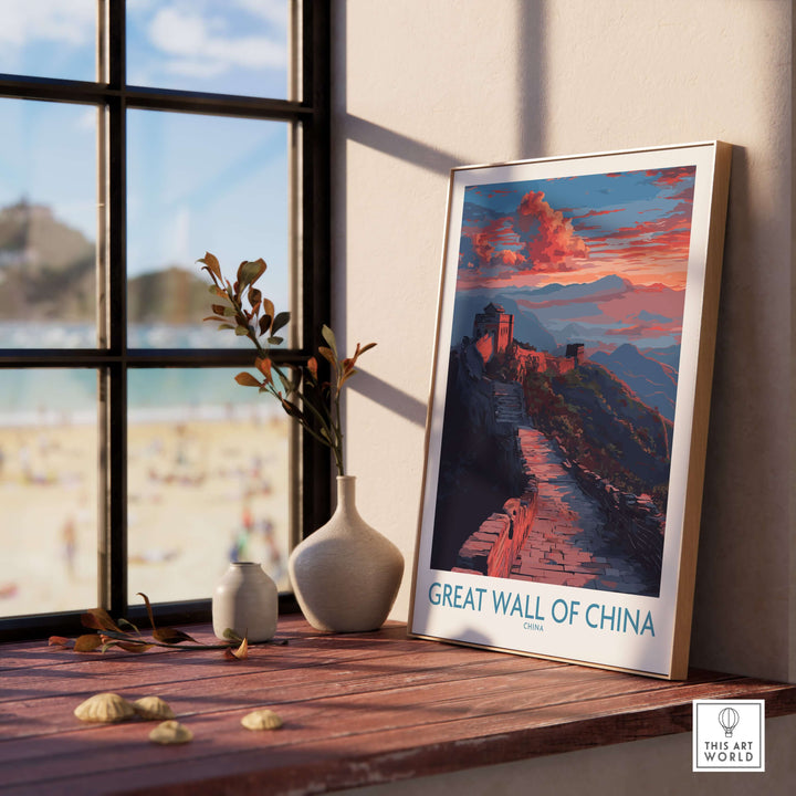 Framed print of the Great Wall of China at twilight, showcasing dramatic sunset over misty mountains.