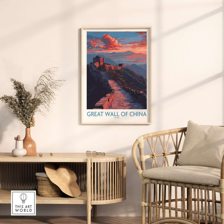 Great Wall of China sunset scene print displayed in a cozy living room decor setting.