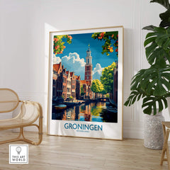 Groningen Poster Netherlands featuring a picturesque canal scene and colorful buildings in a stylish home setting.