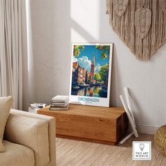Groningen Poster Netherlands displayed in a stylish home setting, adding Dutch charm to interior decor.