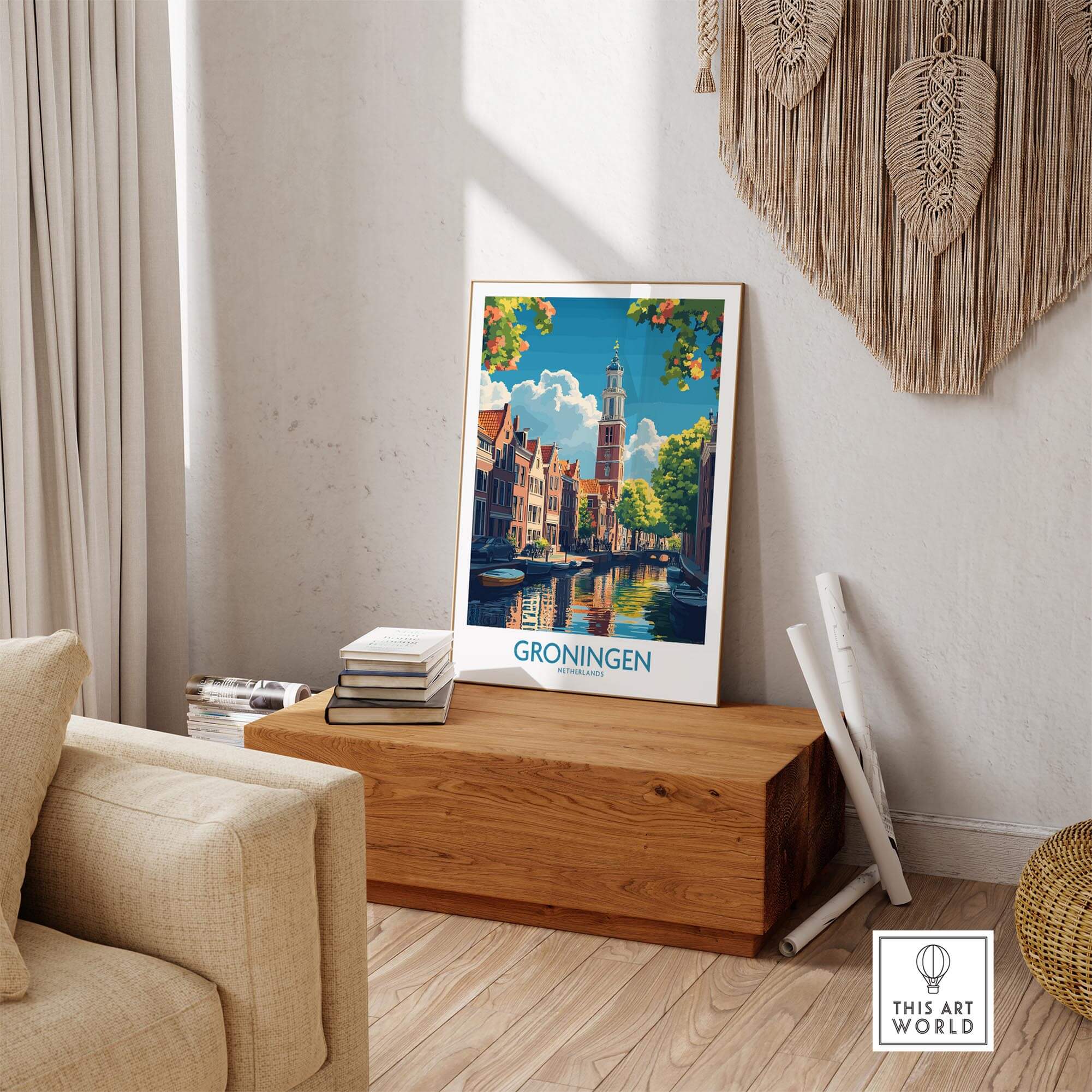 Groningen Poster Netherlands displayed in a stylish home setting, adding Dutch charm to interior decor.