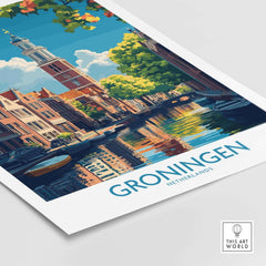 Groningen Poster Netherlands showcasing vibrant canals and architecture of Groningen, Netherlands travel wall art.