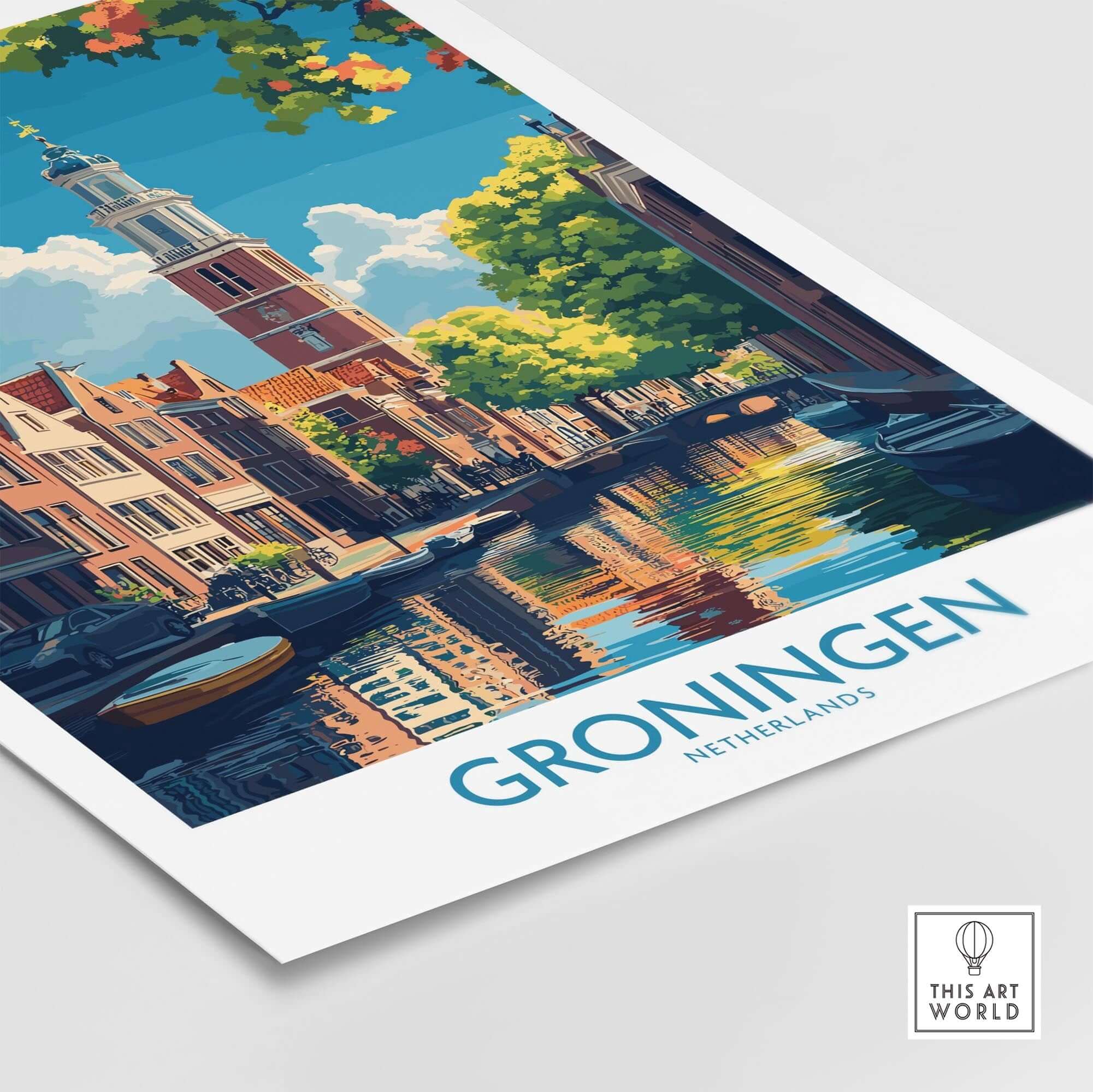 Groningen Poster Netherlands showcasing vibrant canals and architecture of Groningen, Netherlands travel wall art.