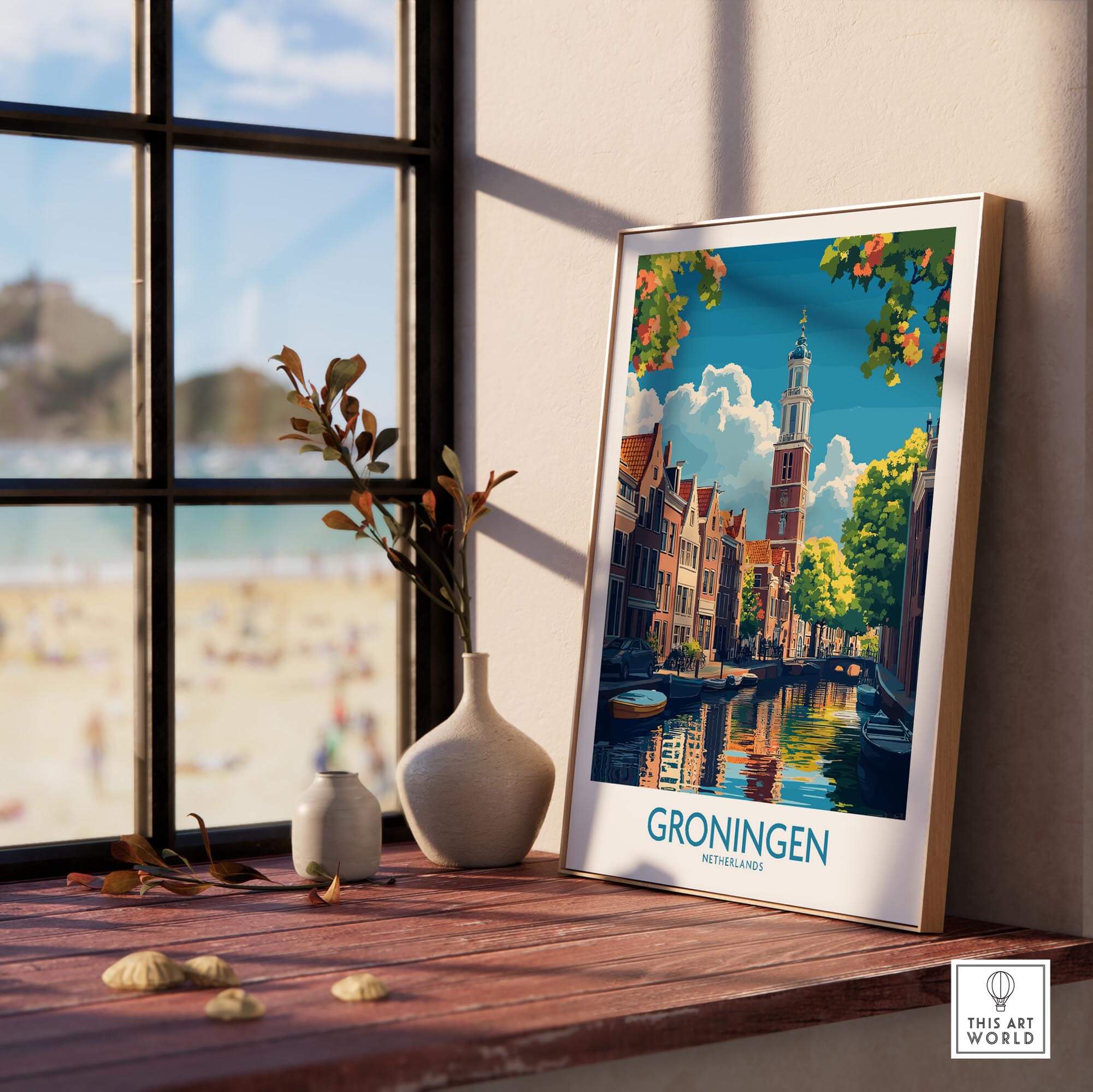 Groningen Poster Netherlands featuring a vibrant canal scene, perfect for home decor and travel art enthusiasts.